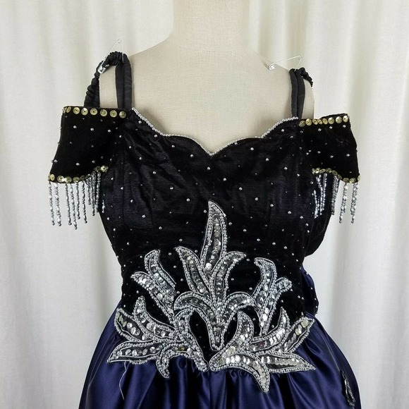 Vintage Navy Blue Velvet Chiffon Jeweled Prom Pageant Dress Junior 2XL Womens XS - Picture 3 of 10